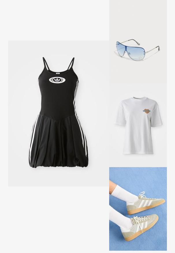 Vestido preto sem mangas com parte superior ajustada em malha canelada, saia em formato de bolha, listas brancas nas laterais e um logótipo oval branco no peito.; Carhartt WIP GROWTH - T-shirt estampada - white stone washed; Sapatilhas de camurça cinza claro com detalhes em borracha branca, apresentando três riscas brancas e uma sola de borracha natural, usadas com meias brancas sobre um fundo azul.; Óculos de sol aviador com lentes azuis em degradê, armação metálica prateada e detalhes decorativos de estrelas nas lentes. Design suave e elegante.