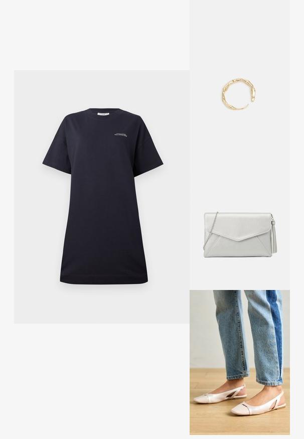Crni pamučni majica kratkih rukava, okrugli izrez, opuštenog kroja, s malim bijelim otisnutim logotipom na prsima i glatkom teksturom.; Svijetlo ružičaste slingback balerinke s šiljastim vrhom, izrađene od glatkog materijala nalik koži. Sadrže izrezane detalje sa strane i ravnu petu.; Srebrna sintetička kožna torbica s dizajnom omotnice, livada za lanac i detaljem na resicama s jedne strane, s kutnim šavovima.; Prsten u zlatnoj nijansi s organskim, uvijenim dizajnom, glatkom teksturom i suženim krajevima, koji stvara moderan, skulpturalni izgled.