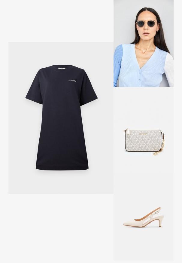 Black cotton T-shirt with short sleeves, crew neck, relaxed fit, featuring a small, white printed logo on the chest and a smooth texture.; White slingback heel with a pointed toe, smooth upper material, low block heel, and side cut-out design with adjustable buckle strap.; Round sunglasses with dark lenses and gold frames. The model wears a light blue, ribbed cardigan with buttons and contrast white sleeves.; Michael Kors wristlet in beige coated canvas featuring a repeating MK logo pattern, gold hardware, and a detachable chain strap.