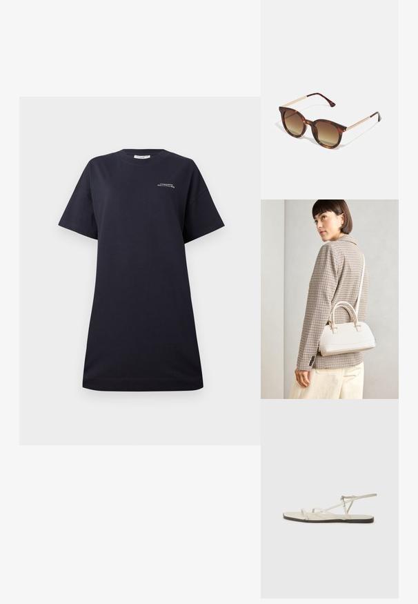 Svart bomull T-shirt med korta ärmar, rund hals, avslappnad passform, med en liten vit tryckt logotyp på bröstet och en mjuk yta.; Beige platt sandal med flera smala remmar och ett justerbart spänne. Sulan är platt med en lätt mörk kontrast vid kanten.; Sköldpaddsmönstrade solglasögon med gradientbruna Linser, rundad form och guldfärgade metalldetaljer vid bågarna.; Vitt strukturerat handväska med korta handtag och en axelrem, med gyllene detaljer och texturerat material, visad mot en grå bakgrund.