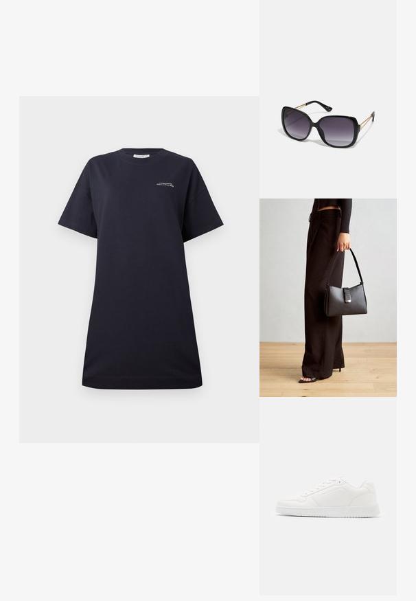 Schwarzes Baumwoll-T-Shirt mit kurzen Ärmeln, rundem Halsausschnitt, lockerer Passform, versehen mit einem kleinen, weißen aufgedruckten Logo auf der Brust und einer glatten Textur.; Weißer Sneaker aus glattem synthetischem Material mit runder Spitze, Schnürdesign, flacher Sohle und dezenten Perforationen.; Schwarze übergroße Sonnenbrille mit getönten Gläsern, dicken Rahmen und goldfarbener Kettendetaillierung an den Bügeln.; Schwarze Handtasche mit strukturierter Form, glatter Textur und einem metallischen Verschluss. Kombiniert mit weiten schwarzen Hosen und offenen Sandalen auf einem Holzboden.