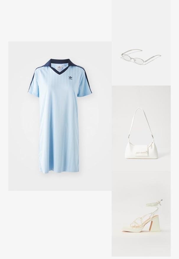 Vestido polo azul claro com decote em V, mangas curtas e detalhes em marinho. Apresenta riscas verticais e um pequeno logo da Adidas preto no peito.; Sandálias brancas de salto alto com um salto robusto, apresentando um design com tiras e amarração no tornozelo. Textura suave com uma plataforma na frente para altura adicional.; Óculos ovais com uma armação metálica prateada, lentes transparentes e detalhes texturizados em contas nas hastes. Design leve com braços curvos.; Mala sintética branca com formato triangular, aba frontal plana e detalhe de laço, alça ajustável, textura suave e design minimalista.