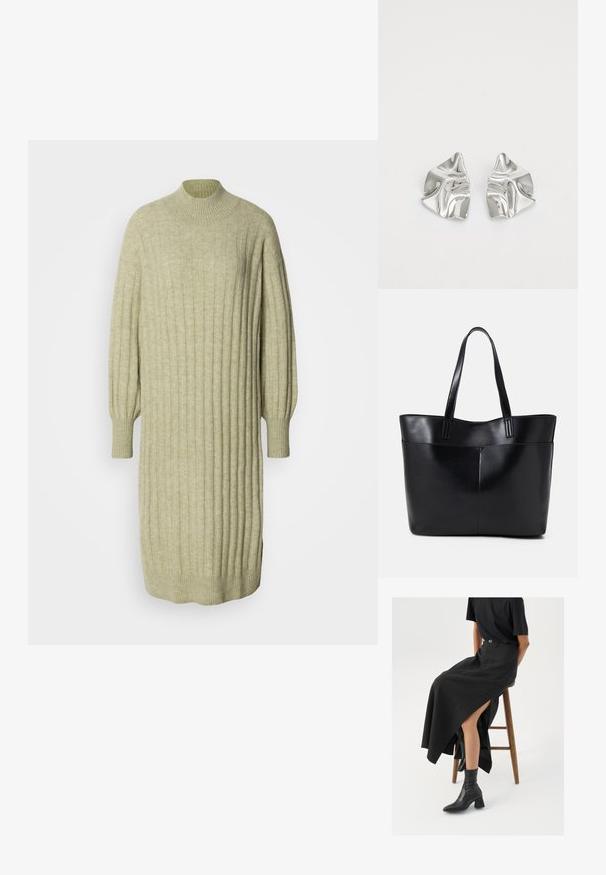 Světlě zelené pletené šaty s žebrovanou texturou, vysokým výstřihem a balónovými rukávy. Volný střih s bočními rozparky na lemu.; Černá maxi sukně z lnu s vysokým rozparkem, nošená s černým tričkem a černými kotníkovými botami. Minimalistický design s volným střihem.; Černá kožená taška s dlouhými ušima, hladkým povrchem a strukturovaným tvarem. Obsahuje přední kapsu pro další úložný prostor.; Stříbrné kovové náušnice s vlnitým, sochařským designem s leštěným povrchem a nepravidelnými tvary, které zdůrazňují moderní estetiku.