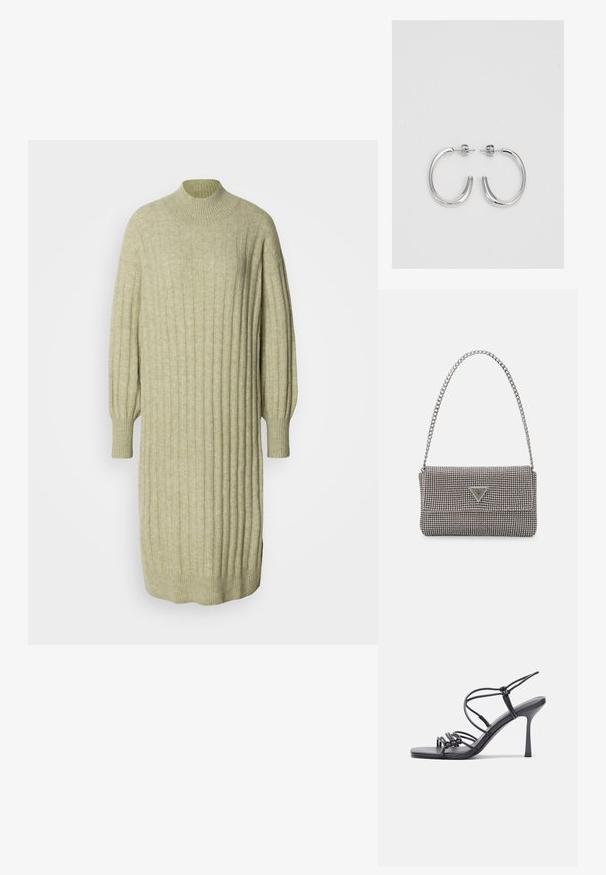 Rochie tricotată de culoare verde deschis, cu o textură striată, guler înalt și mâneci tip balon. Croi lejer, cu slituri pe părțile de la marginea tivului.; Sandale negre cu toc înalt au curele subțiri cu un design legat, un vârf pătrat neted și un toc stiletto elegant.; Geantă metalică gri deschis, cu un strap din lanț, decorată cu mici ținte circulare metalice și un logo de marcă triangular.; Cercei rotunzi din argint cu un finisaj neted și strălucitor. Design ușor, având o formă rotundă și închidere cu tijă.