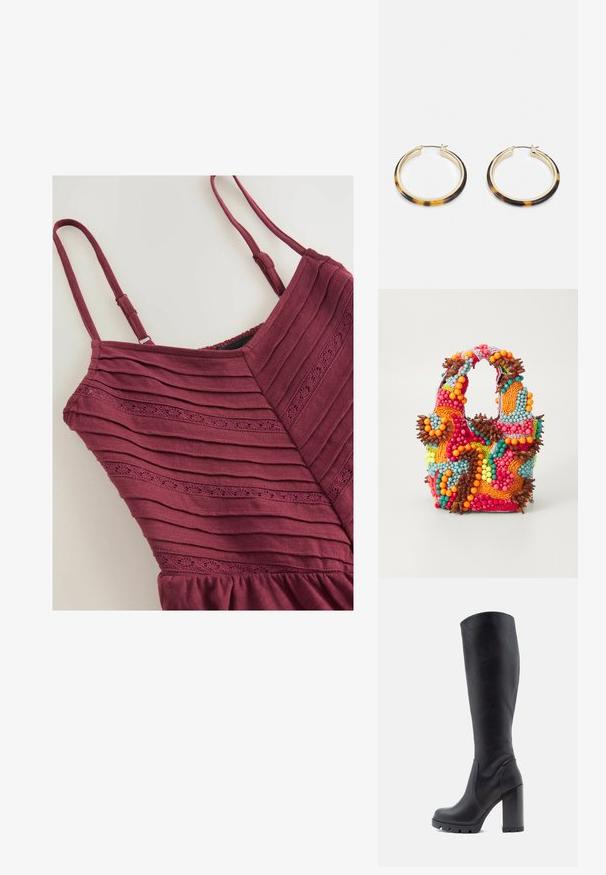Burgundy kjole med lodret ribbet tekstur, tynde stropper og et dekorativt hulmønster nær busten. Rundet kant forneden.; Sort knæhøj støvle, glat lædermateriale, kraftig hæl, rund tå, tekstureret sål med greb, slankt design uden udsmykninger.; Perlebroderet taske med livlige farver: pink, orange, blå og brun. Struktureret overflade med runde perler og organiske former, solide håndtag.; Guldtonede hoop øreringe med en skildpadde-mønstret harpikskant, der har en glat finish og en elegant, rund form.