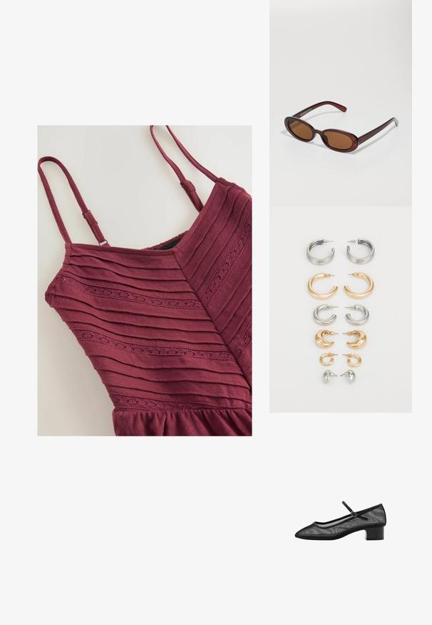 Burgunderfarbenes Kleid mit vertikal geripptem Textil, dünnen Trägern und einem dekorativen Lochmuster im Brustbereich. Abgerundeter Saum am unteren Ende.; Schwarzer Mesh-Pumps mit spitzem Schuhblatt, kleinem Blockabsatz und einem Riemendetail um den Knöchel. Bietet eine glatte Textur und minimalistisches Design.; Runde, braun getönte Sonnenbrillen mit einem glänzenden burgunderfarbenen Rahmen. Schlanke Bügel mit dezentem Branding. Flaches Linsendesign.; Set mit acht metallischen Ohrringen in Silber- und Goldtönen. Enthält verschiedene Hoops-Stile, Texturen und Oberflächen, sortiert nach Größe.
