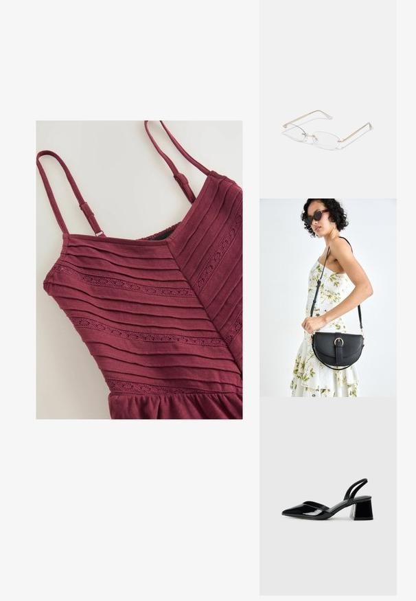 Bordová šaty s vertikálnou ribovanou textúrou, tenkými ramienkami a dekoratívnym otvoreným vzorom blízko dekoltu. Zaoblený lem na spodnej časti.; Čierne lakované kožené sandálové podpätky s špicatou špičkou a geometrickým blokovým podpätkom. Disponujú elegantným, minimalistickým dizajnom a hladkým povrchom.; Zlaté kovové okuliare s oválnymi šošovkami, štíhlymi rámami a priehľadnými nosovými podložkami. Obsahujú jemné akcenty pántov a priehľadné šošovky.; Čierna kožená kabelka s zaobleným tvarom, odnímateľným popruhom a zlatými doplnkami. Kabelka má klopu s detailom s prackou.