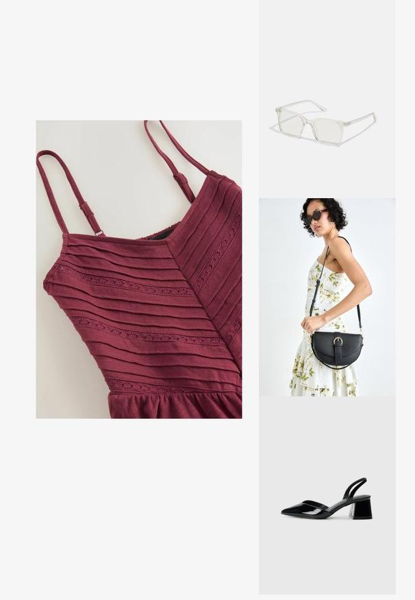 Burgundy kjole med lodret ribbet tekstur, tynde stropper og et dekorativt hulmønster nær busten. Rundet kant forneden.; Sorte patentlæder slingback hæle med spids tå og en geometrisk blok hæl. Har et elegant, minimalistisk design og en glat tekstur.; Klare plastiske briller med firkantet ramme og gennemsigtige linser, der har guld accenter på tempelstængerne for ekstra detaljer.; Sort læderhåndtaske med en buet form, aftagelig rem og guldfinish. Tasken har en klap med en spænde detalje.