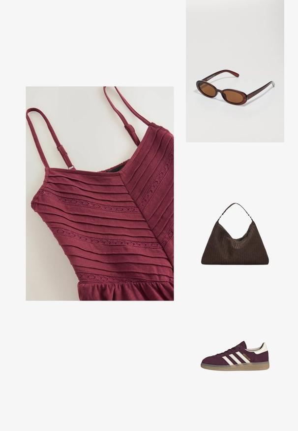 Robe bordeaux avec une texture en côtes verticales, fines bretelles et un motif de perforation décoratif près du décolleté. Ourlet arrondi en bas.; Baskets en suède bordeaux avec trois bandes blanches et accents beige. Elles possèdent une semelle en caoutchouc texturé et un logo doré sur le côté.; Lunettes de soleil rondes teinte brun avec une monture bordeaux brillante. Branches fines avec un détail de marque subtil. Design de verres plats.; Sac à main en cuir tissé marron avec une forme triangulaire et souple. Il possède une poignée tressée et une fermeture éclair sur le dessus.