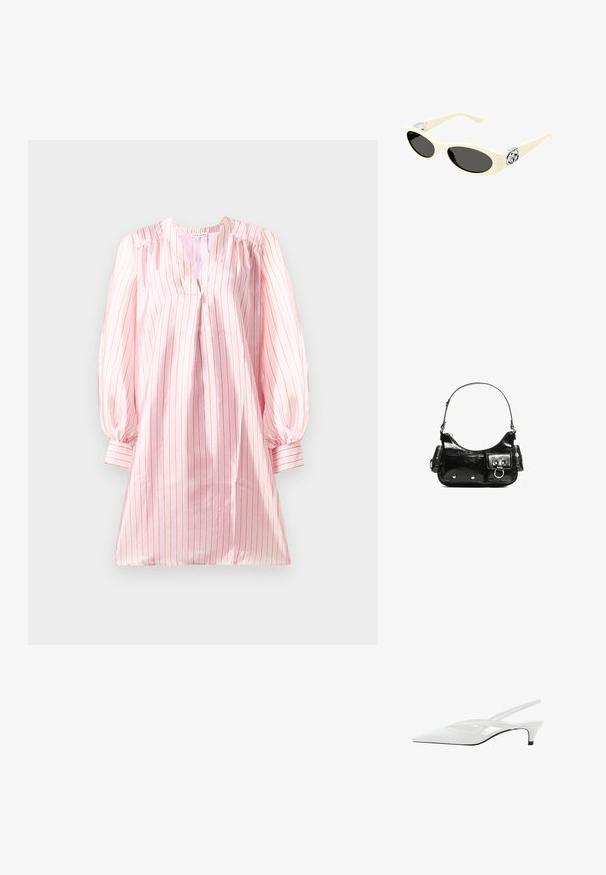 Svetlo roza obleka z navpičnimi belimi in koralnimi črtami, z V-izrezom in napihnjenimi dolgimi rokavi. Gladek, satenast občutek.; Bela slingback peta z ošiljenim nosom, z gladkim zgornjim delom, subtilnimi izrezi in nizkim blok petkom. Črna podplat poudarja dizajn.; Svetlo bež očala za sonce z ovalnimi lečami, črno zaščito in kovinskimi logotipnimi akcenti na tempeljih. Gladka tekstura, dizajn v obliki mačjih oči.; Črna lakasta usnjena torbica s ukrivljeno obliko, enim ramenskim trakom, sprednjimi žepi in srebrnimi kovinskimi dodatki.