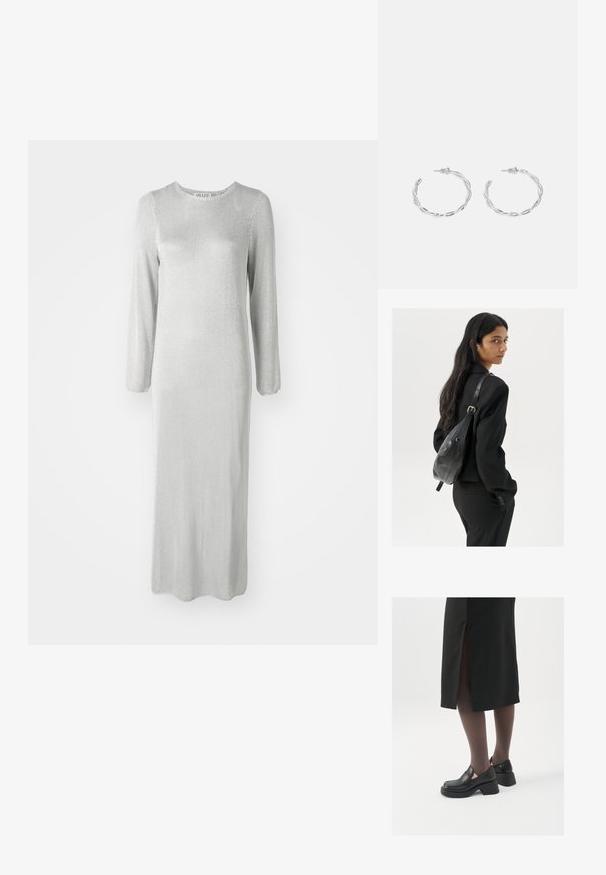 Dolga srebrna obleka iz teksturirane tkanine, z dolgimi rokavi in okroglo vratno odprtino, s robom, ki se konča pri gležnjih.; Črne usnjene čevlje s zaobljenim prstom, debelim blokastim petama in elastičnimi stranskimi detajli, v kombinaciji s temno nogavicami in črno krilo z razporkom.; Ženska z dolgimi temnimi lasmi, oblečena v črn kostim, nosi črno usnjeno torbo čez ramo in se ozira čez ramo proti beli podlagi.; Srebrni uhani v obliki obročka s spiralnim dizajnom, ki imajo sijajno površino in zapiralo na zadnji strani. Mere znašajo približno 3 cm v premeru.