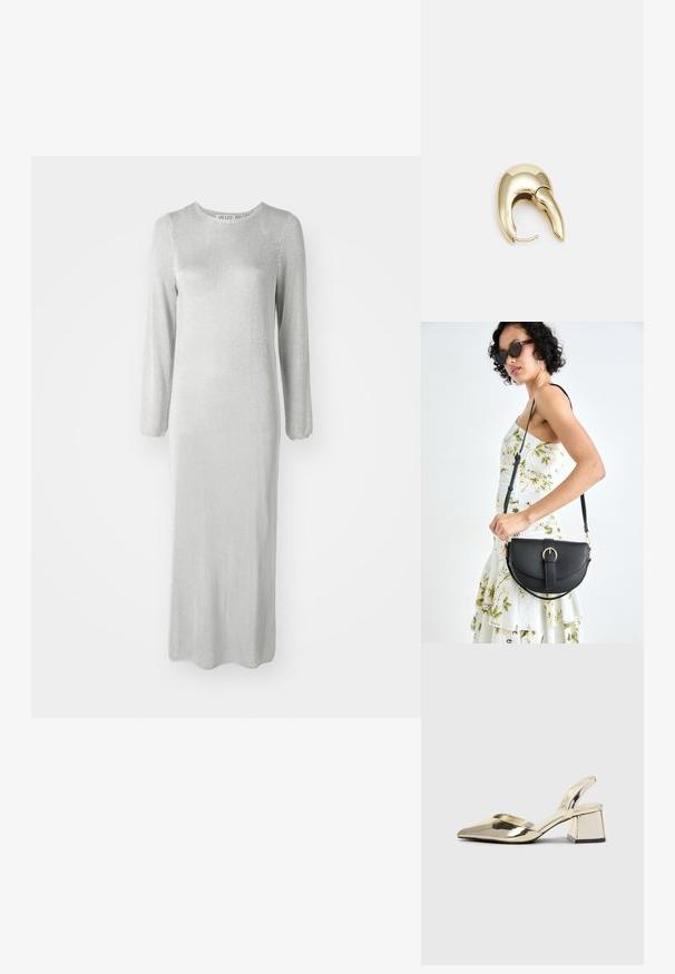 Long silver dress made from a textured fabric, featuring long sleeves and a round neckline with hem finishing at the ankle.; Gold, metallic slingback heels with a pointed toe and chunky heel. Smooth texture, minimalistic design, and a narrow strap.; Black leather handbag with a curved shape, detachable strap, and gold hardware. The bag features a flap with a buckle detail.; Gold-tone metal earring with a sleek, curved design. Features a distinctive pointed shape, polished surface, and hinge closure.