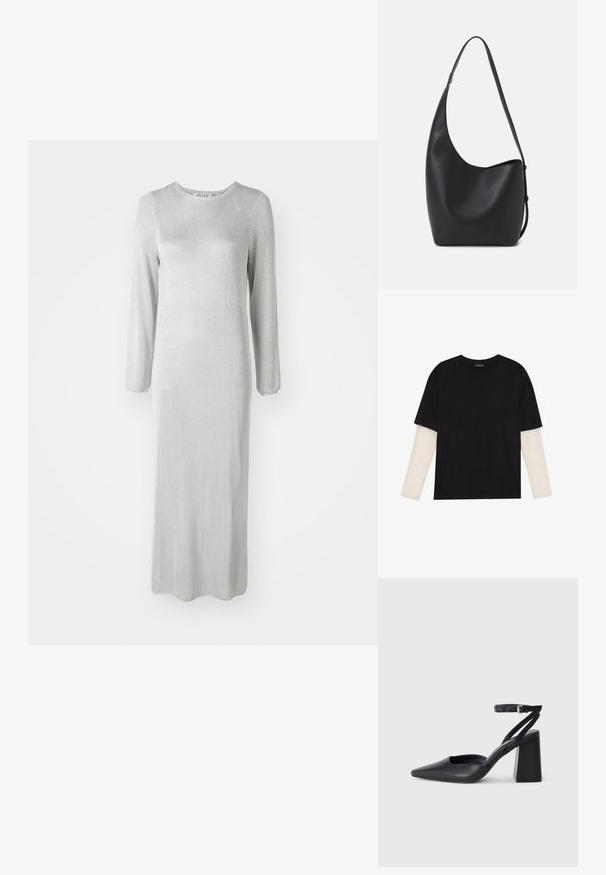 Rochie lungă din argintiu, realizată dintr-un material texturat, având mâneci lungi și un decolteu rotund, cu tivul terminat la gleznă.; Tricou negru din bumbac, cu mâneci scurte, peste un strat alb cu mâneci lungi, având un model texturat subtil. Design cu guler rotund.; Pantofii cu toc ascuțit din piele neagră, cu breteaua pentru glezne și toc gros. Textură netedă, design elegant și estetică minimală.; Geantă hobo din piele neagră, cu o textură netedă, formă curbată și un singur bretele ajustabil; are o deschidere largă în partea de sus.