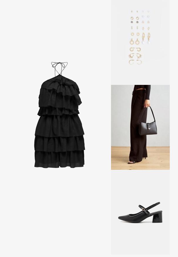 Melnas kleitas ar slāņainām ruflēm, haltera dekoltē ar sasienamām siksniņām un plūstošu siluetu. Izgatavota no vieglu audumu.; Melns patentēts ādas sandales ar norādīta pirksta formu, noapaļotu izgriezuma dizainu un bloķētu papēdi. Iezīmēta ar zelta toņa sprādzi.; Melnā somiņa ar strukturētu formu, gludu tekstūru un metālu sprādzi. Saskaņota ar platām melnām biksēm un sandālēm ar atvērtu purngalu uz koka grīdas.; Zeltainā tonī auskari, kas iekļauj dažādus dizainus, tostarp pīrsingu, gredzenus un karājošus elementus ar pērlēm un rhinestones.