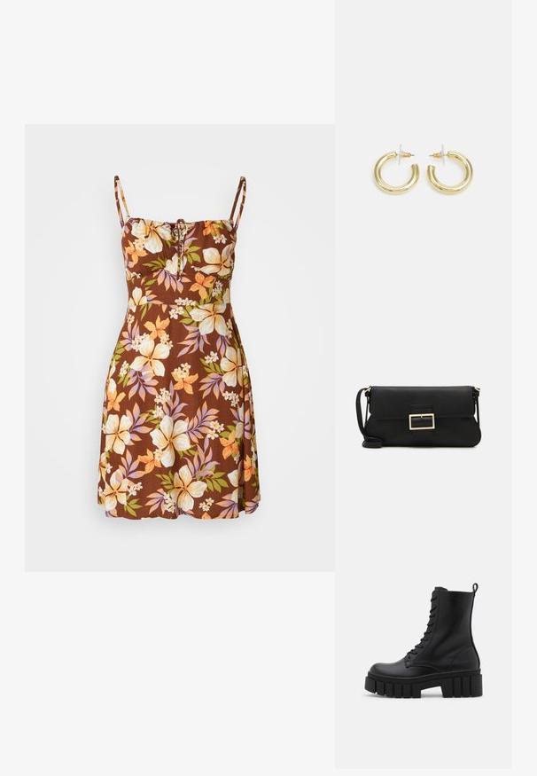 Pruun lilleline kleit reguleeritavate spagetirihmadega, millel on tõmblukk rinnal. Lillemustrid kollaste, oranžide ja lillade toonidega.; Must mustaanklid mustast nahast, paksu ja soonilise tallaga, sidumisena esiotsaga ja tõmbevahega, suvalisel valgel taustal.; Must haben musta nahkklahviga kott, millel on klapp ja kuldne metallist pandla detail. Kaasas must rihm ja stiilne, minimalistlik disain.; Kuldne rõngassõrmused sileda ja läikiva viimistlusega. Ringikujuline disain, millel on väike post ja selge tagumine külg, et tagada kindel kandmine.