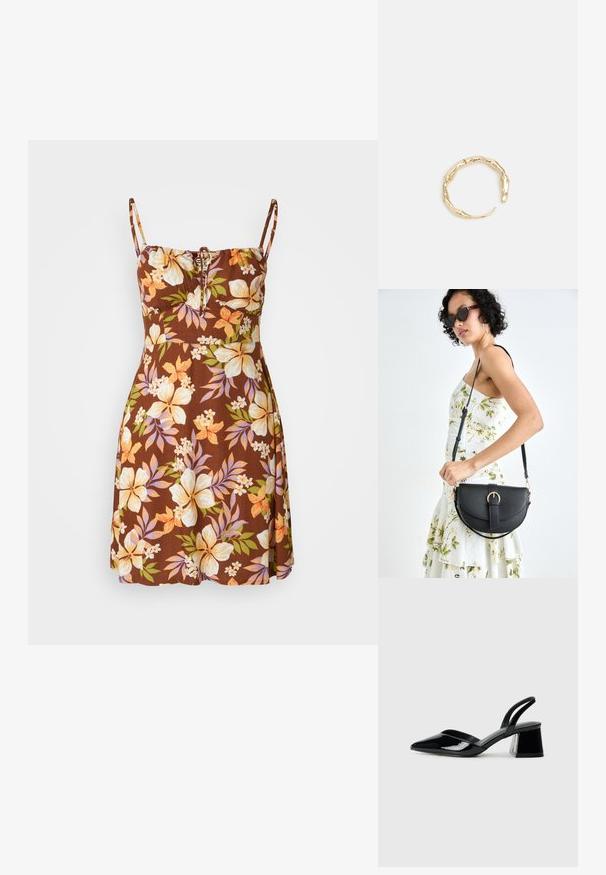 Hnedé kvetinové šaty s nastaviteľnými špagetovými ramienkami, s detailom na stiahnutie na hrudníku. Kvetinové vzory v žltej, oranžovej a fialovej farbe.; Čierne lakované kožené sandálové podpätky s špicatou špičkou a geometrickým blokovým podpätkom. Disponujú elegantným, minimalistickým dizajnom a hladkým povrchom.; Čierna kožená kabelka s zaobleným tvarom, odnímateľným popruhom a zlatými doplnkami. Kabelka má klopu s detailom s prackou.; Prsteň v zlatej farbe s organickým, skrúteným dizajnom, hladkým povrchom a zužujúcimi sa koncami, vytvárajúci moderný, sochársky vzhľad.
