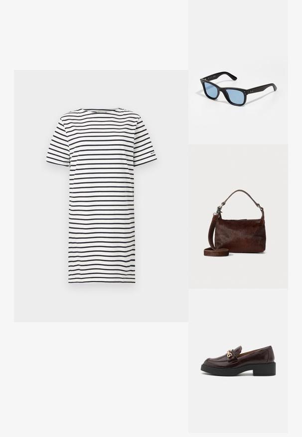Dryžuota marškinėliai su apvaliu kaklu, trumpomis rankovėmis ir laisvu siluetu. Spalvos yra tamsiai mėlyna ir balta horizontaliomis juostomis.; Ruda odinė loafer avalynė su auksiniu akcentu sagtimi, juodu blokuotu kulnu ir lygiu paviršiumi. Šoninis vaizdas demonstruoja suapvalintą nosį ir siuvinėtas detales.; Juodos plastikinės saulės akinius su mėlynu tonu stiklais, kvadratinis pavidalas, masyvios kojos ir du metaliniai akcentai priekyje, greta stiklų.; Rudas odinis rankinė su minkštu, tekstūruotu kailio tipo paviršiumi, plona forma, trumpa rankena ir nuimamu diržu.