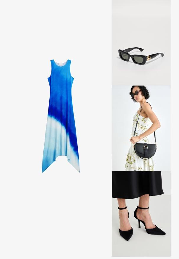 Hame pitkä, ilman hihoja oleva, joissa on liukuvärjäysvaikutus sinisen ja valkoisen sävyissä. Pehmeää, valuvaa kangasta, jossa on epäsymmetrinen helma.; Mustat teräväkärkiset korkokengät, jotka on valmistettu sileästä kankaasta, jossa on stiletto-korko ja kapea nilkkahihna, ja joissa on avoin sivusuunnittelu.; Musta suorakulmainen aurinkolasit tummanvihreillä linsseillä, joissa on kiiltävä kultainen logo sivulla. Suuri muovikehys rohkealla suunnittelulla.; Musta nahkainen käsilaukku, joka on kaareva muotoilultaan, irrotettavalla hihnalla ja kultaisilla yksityiskohdilla. Laukussa on läppä, jossa on solk yksityiskohta.