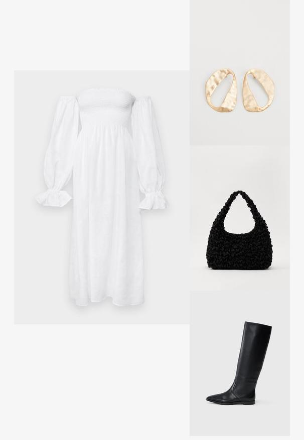 Sleeper ATLANTA DRESS  - Vapaa-ajan mekko - white; Mustat nahkaiset polvipituiset saappaat, joissa on terävä kärki ja minimaalinen muotoilu. Sujuva pinta ja tasapohja, joissa on huomaamattomat sivusaumadetailit.; Loeffler Randall SMOCKED HOBO - Käsilaukku - black; Pari epämuodostuneita soikeita kultasävyisiä metallikorvakoruja, joissa on teksturoitu, hieman hakattu pinta valkoista taustaa vasten.