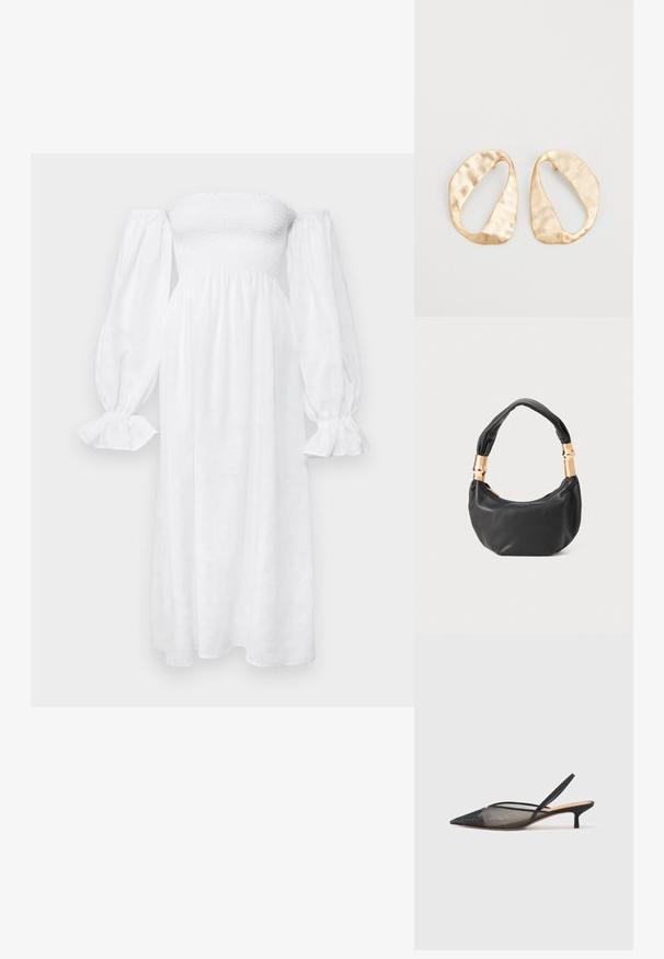 Sleeper ATLANTA DRESS - Vestido de dia - white; NEOUS IRENA - Saltos clássicos - black; Mala de mão em couro preto com forma redonda, textura suave e alça com nó, apresentando detalhes em metal dourado. Fecho em zíper.; Par de brincos irregulares em forma oval, feitos de metal dourado, com uma superfície texturizada e ligeiramente martelada, sobre um fundo branco.