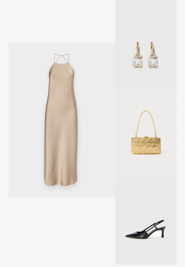 Satiin midi kleit heles beežis, millel on ristuvad õhukesed rihmad ja voolav siluett sileda tekstuuriga.; Mustmust paelad, millel on terav varvas, tekstuuriga maduprindiga, reguleeritav rihm ja lühike tekstuuriga plokknina.; Kullatud kaunistustega kott ristküliku kujuga, millel on keeratud ahelast käepide ja metallist lukuga sulgur, peegeldades valgust tekstuurse viimistlusega.; Kuldtooni kõrvarõngad, millel on ristkülikukujuline, selge kristall, mis ripub allapoole väikeste ümmarguste selgete aktsentide rida. Viimistletud, kaasaegne disain.