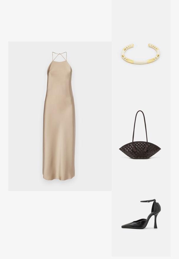 Šilkinis midi suknelė šviesiai smėlinės spalvos, su kryžminiais plonais petnešomis ir laisva siluetu, pasižyminti glotnia tekstūra.; Juodos aukšto kulno botai su blizgiu paviršiumi, smailiu pirštu, kulkšnies dirželiu ir skulptūriniu stiletto kulnu. Lygus paviršius ir elegantiškas dizainas.; THEMOIRè OLIMPIA - Rankinė - fondant; Aukso ir kremas apyrankė su lygiu, vamzdiniu dizainu, kuriame dera tekstūruoti aukso akcentai ir dryžuoti raštai.