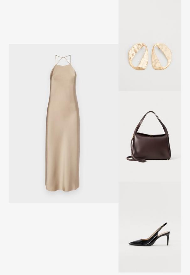 Satiini midi-mekko vaaleassa beessissä, jossa on ristikkäiset ohuet olkaimet ja liehuva siluetti sileällä pinnalla.; Musta lakattu nahkainen slingback-korkokenkä, jossa on terävä kärki, kapea korko ja hillitty leikkaussuunnittelu. Varressa on kultainen solki.; Ruskea nahkalaukku, jossa on ryhdikäs muoto, ja siinä on yksi yläkahva sekä irrotettava olkahihna. Kulta haarukkanäppäimistö yksityiskohtina.; Pari epämuodostuneita soikeita kultasävyisiä metallikorvakoruja, joissa on teksturoitu, hieman hakattu pinta valkoista taustaa vasten.