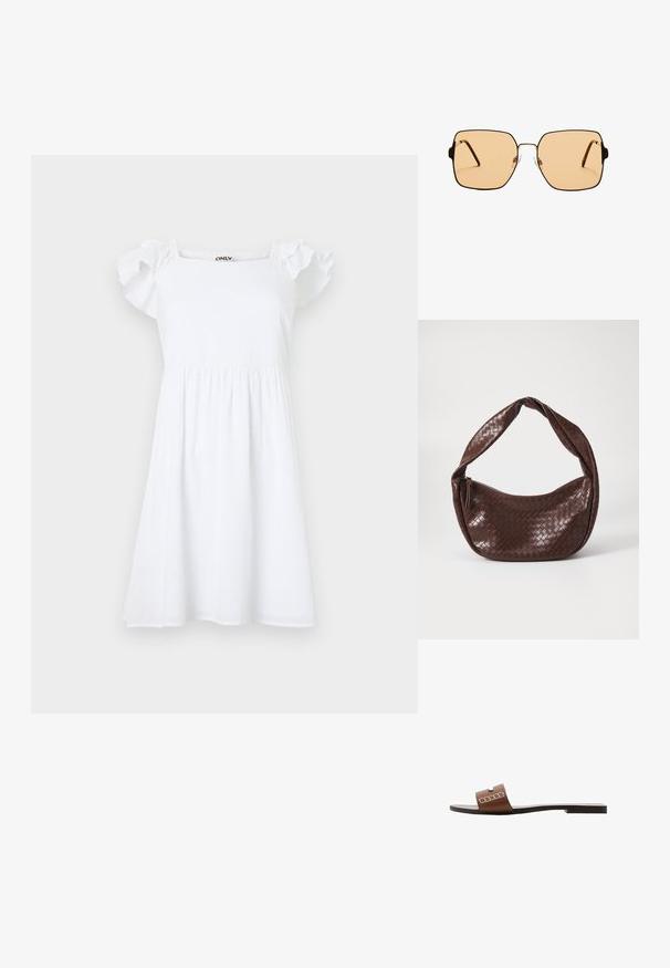 Bijela haljina s kratkim, nabranim rukavima, kvadratnim dekolteom i skupljenim strukom, izrađena od teksturirane tkanine s suptilnim uzorkom.; Smeđe kožne sandale s ravnim potplatom, s širokom trakom i bijelim geometrijskim naglascima za minimalistički dizajn.; Kvadratne sunčane naočale s smešnim staklima i tankim okvirom od crnog metala. Imaju uglaste tempore i podešive noseče jastučiće za udobnost.; Smeđa pletena kožna torba s zakrivljenom, čvoranom ručkom i zatvaranjem na patentni zatvarač. Glatka tekstura i zaobljeni oblik.