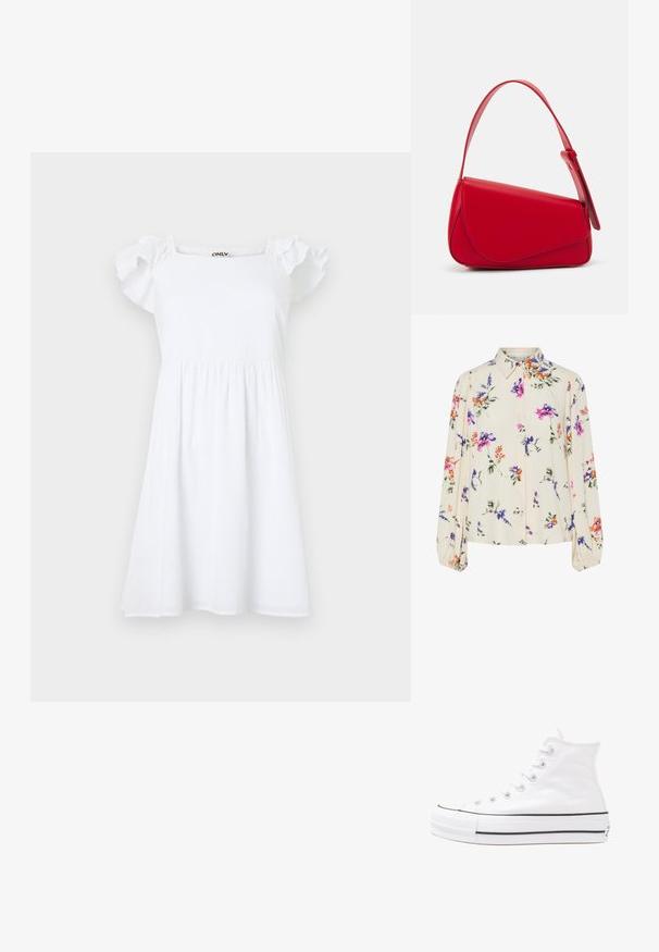 White dress featuring short, ruffled sleeves, a square neckline, and a gathered waist, made from textured fabric with a subtle pattern.; Floral blouse with long puff sleeves, light cream base, featuring purple, orange, and green floral patterns, and classic collar design.; White high-top canvas sneaker with black rubber sole, front rubber toe cap, and six eyelets for laces, featuring a clean, minimalist design.; Red leather handbag with an angular, geometric design. Features a single adjustable strap and a flap closure with stitched detailing.