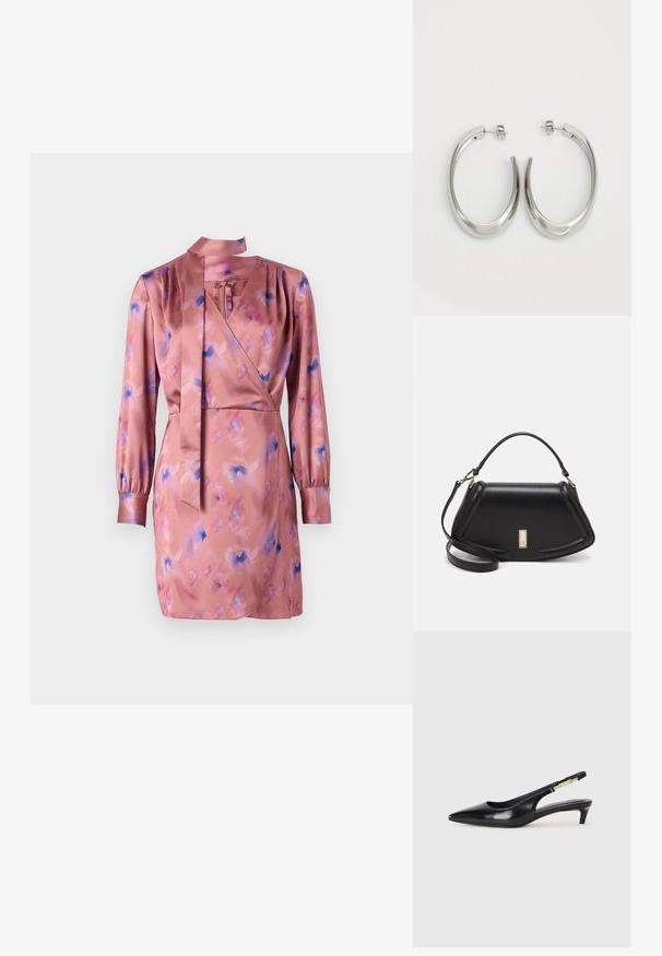 Satin wrap dress in soft pink with blue and purple abstract patterns, long sleeves, and a tie neck detail. Hemline falls above the knee.; Black leather slingback heels with a pointed toe, featuring a slim heel and a gold-tone accent on the adjustable strap. Smooth texture.; Black leather handbag with a structured design, featuring a cropped shape, top handle, and gold hardware accent. Adjustable shoulder strap included.; Silver hoop earrings with a smooth, curved design. Features a shiny metallic finish and stud closure. No visible patterns or accents.