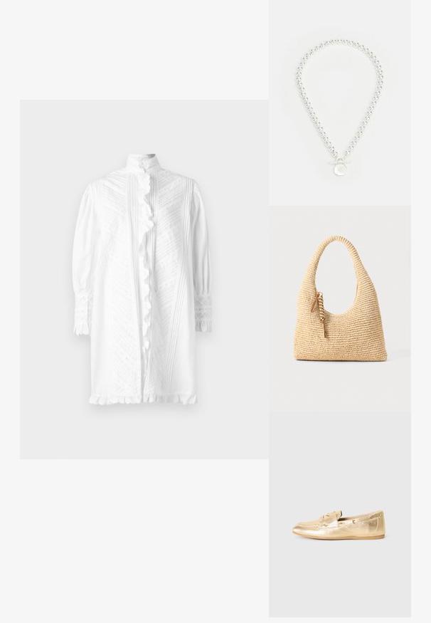 Bela obleka s dolgimi pufastimi rokavi, visokim ovratnikom in dekorativnim volanom po sprednji strani. Ima teksturirane vzorce in čipkaste dodatke.; Zlata kovinska usnjena čolnarica z zaobljenim nosom, okrasnimi vezalkami in majhnimi luknjicami ob straneh. Ravna gumijasta podplat.; Tkanirana bež torba z ukrivljenim ročajem, teksturirano površino in rjavim detajlom s pomponom. Ima ohlapen, hobo obliko.; Lauren Ralph Lauren NK 17" BEADED LOGO COLLAR /TGGLE - Verižica - silver-coloured