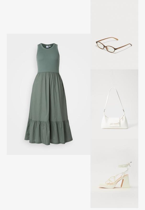 GAP MIDI DRESS - Vestido informal - laurel wreath; Sandalia de tacón alto blanca con un tacón grueso, que presenta un diseño de tiras y un lazo en el tobillo. Textura suave con una plataforma en la parte delantera para mayor altura.; Gafas de carey marrón con lentes ovalados, patas delgadas y acentos transparentes. Presenta un sutil logo en la varilla. Diseño elegante y ligero.; Bolso sintético blanco con forma triangular, tapa frontal plana y detalle de lazo, correa ajustable, textura suave y diseño minimalista.