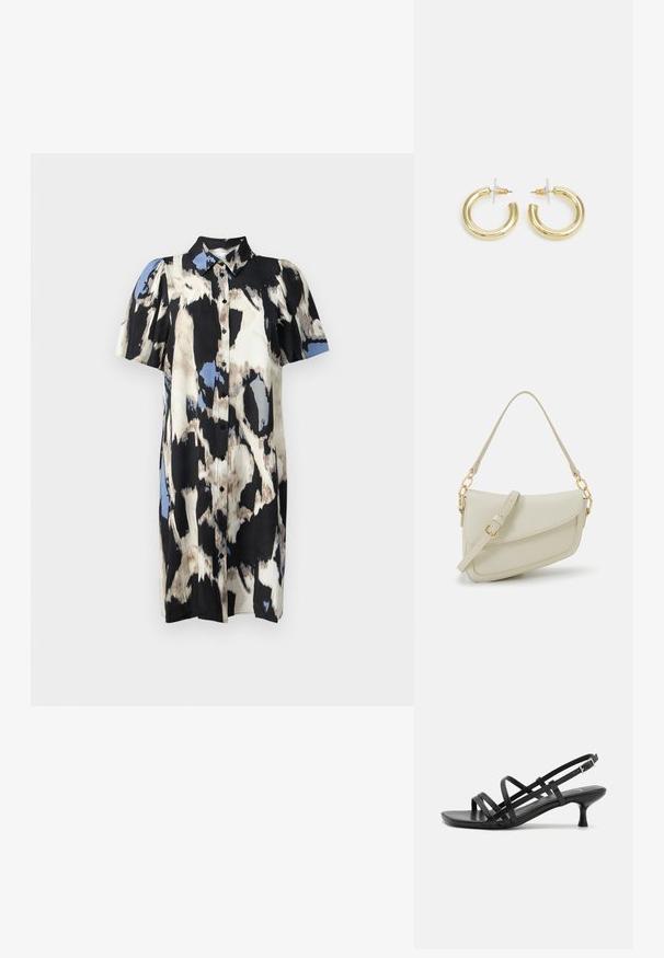 Melnbalta un zilgana abstrakta raksta īsais piedurknes krekliņš kleita ar pogām priekšpusē un apkakles dekoltē, kas izveidota no viegla auduma.; Melni papēžu sandales ar vairākiem krustveida siksnām. Gluda materiāla, norādīta purngala un šaura papēža. Regulējama potītes siksna ar sprādzīti.; Maza krēmkrāsas rokas soma ar teksturētu apdari, garu regulējamu siksniņu, ķēdes akcentu un vāciņa aizdari. Zelta aparatūras detaļas.; Zelta auskari ar gludu, spīdīgu apdari. Apaļš dizains, kas ietver mazu tapu un caurspīdīgu pamatni drošai valkāšanai.