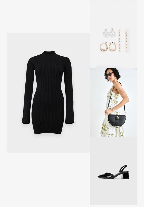 Melna ribota džersija garām piedurknēm kleita ar augstu kakla izgriezumu un pieguļošu siluetu, ar gludu tekstūru un viduscīņus garumu.; Melna lakota āda ar atvērto papēdi, ar smailu purngalu un ģeometrisku blokpapēdi. Iezīmējas elegants, minimāls dizains un gluda tekstūra.; Melnas ādas rokassoma ar izliekta formu, noņemamu siksnu un zelta aksesuāriem. Somai ir vāciņš ar sprādzes detaļu.; Trīs auskariņu pāri: lieli baltie pērļu auskari, zelta riņķi ar caurspīdīgiem dārgakmeņiem un divi garie, taisnie zelta akcentu auskaru pāri ar spīdīgām detaļām.