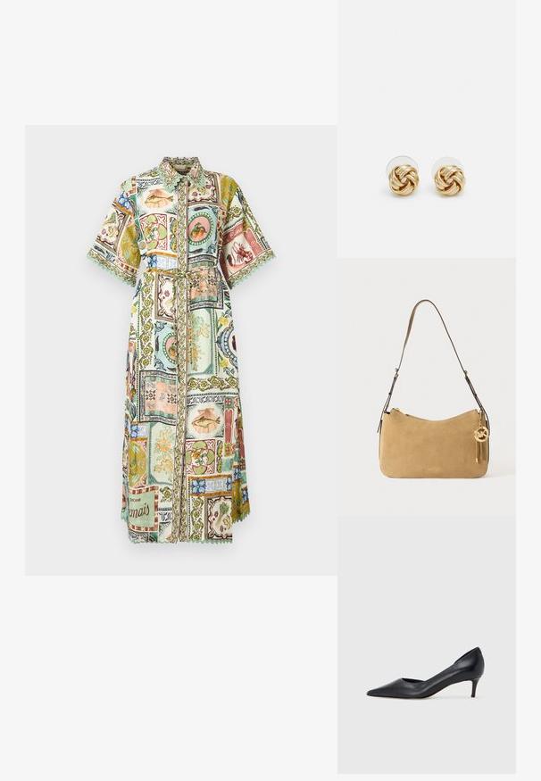 Dlouhé šaty košilového střihu s širokými rukávy, páskem a patchworkovým designem s mořskými plody, ovocem, květinami a dekorativními okraji v pastelových tónech.; Černá kožená lodička s špičatou špičkou a nízkým podpatkem. Má hladkou texturu a jemný lesk. Přední část je otevřená pro zvýraznění detailu.; Kabelka na rameno z hladké semišové kůže v tělové barvě, s zakřiveným tvarem, zlatými kovovými detaily a zipovým uzávěrem. Obsahuje připevněný přívěsek s iniciály "MK."; Náušnice ve zlatém tónu ve tvaru uzlu s propleteným designem. Každá náušnice má kulatou průhlednou oporu pro bezpečné nošení.