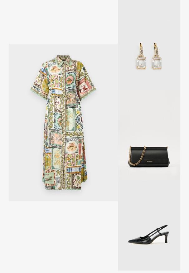 Vestido longo camisas com colarinho e mangas largas, cinto e design de patchwork apresentando frutos do mar, frutas, flores e bordas decorativas em tons pastel.; Salto slingback em patente preta com bico apontado, apresentando um padrão de pele de cobra texturizado, tira ajustável e um salto bloco curto e texturizado.; Mala de mão de couro preta com uma alça de corrente dourada, apresentando uma textura suave, forma retangular e uma marca gravada na parte da frente.; Brincos em tom de ouro com um cristal retangular claro pendurado abaixo de uma linha de pequenos acentos redondos claros. Design elegante e moderno.
