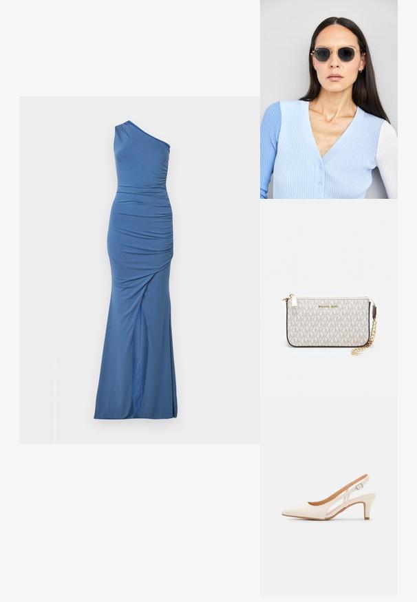 Mėlyna suknelė vienu petimi, pagaminta iš tamprių medžiagų, su raukšlėmis, elegantiška siluetu ir išplatintu sijonu.; Balti slingback kulniukai su smailiu pirštu, lygia viršutine medžiaga, žemu blokuotu kulnu ir šoniniu išpjovimu su reguliuojamu sagtimi.; Apskriti saulės akiniai su tamsiais objektyvais ir auksiniais rėmeliais. Modelis vilki šviesiai mėlyną, raukinį kardiganą su mygtukais ir kontrastingomis baltomis rankovėmis.; Michael Kors rankinė smėlio spalvos dengto kanvoje su pakartotiniu MK logotipo raštu, auksinėmis detalėmis ir nuimamu grandininiu dirželiu.