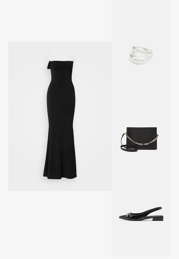 Schwarzes, figurbetontes, bodenlanges Kleid mit Spaghettiträgern und einer Schleifendetail an einer Schulter. Hergestellt aus glattem, dehnbarem Stoff.; Schwarze Lacklederschuhe mit Slingback, spitzem Zehenbereich, silbernen Hardware-Details und einem niedrigen Blockabsatz. Glatte, glänzende Textur auf der gesamten Oberfläche.; Schwarze Leder-Crossbody-Tasche mit glatter Textur, rechteckiger Form und metallic-kettendetail auf der Vorderseite. Verstellbarer Gurt inklusive.; Silberner Doppelring mit einer glatten, polierten Oberfläche. Verfügt über ein fließendes, kurviges Design mit überlappenden Abschnitten für einen modernen Look.