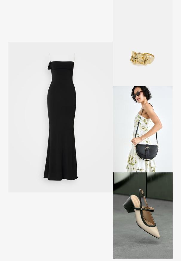 Czarna, dopasowana, długa sukienka do ziemi z cienkimi ramiączkami i detalem w postaci kokardy na jednym ramieniu. Wykonana z gładkiego, elastycznego materiału.; Beżowe buty typu slingback z ostrym noskiem, czarnym wykończeniem, złotą klamrą i grubym obcasem na szarym podłożu z ciemnozielonym tłem.; Czarna skórzana torebka o zakrzywionym kształcie, z odpinanym paskiem i złotymi akcentami. Torebka posiada klapę z zapięciem w kształcie klamry.; Złoty pierścionek o teksturowanym, falistym wzorze z trzema wyraźnymi szczytami. Gładka, błyszcząca powierzchnia z otwartą obrączką dla regulowanego dopasowania.