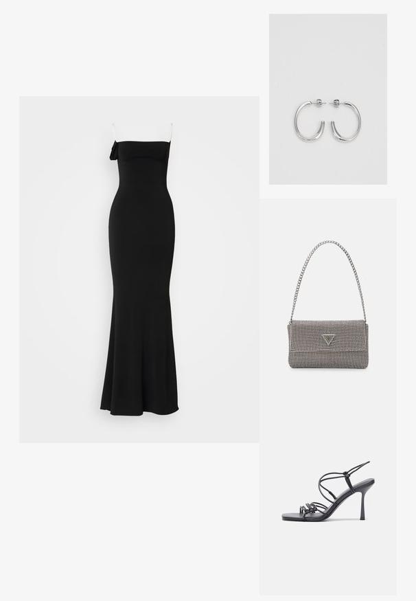 Must värvi, kaasav, põrandani ulatuv kleit, millel on spagaadid ja lipsu detail ühel õlal. Valmistatud sileda, veniva kanga abil.; Mustad musta värvi kontsandaalid on varustatud peente rihmadega, millel on sõlmekujundus, siledad ruudukujulised varbad ja stiilne stilettokonts.; Helehall metallik handbags, millel on kett, kaunistatud väikeste ümmarguste metallist õmblustega ja kolmnurkse brändi logoga.; Hõbedased rõngaskõrvarõngad, millel on sile ja läikiv pind. Ümar kuju, kerge disain, millel on post-tagumise kinnituse süsteem.