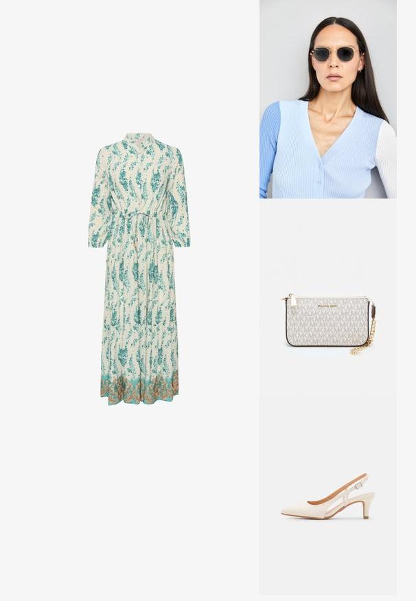 Lång, ljus klänning med blommönster i teal och vitt. Har hög ringning, långa ärmar och en dekorativ guldkant.; Vit slingbackklack med spetsig tå, slät ovandel, låg blockklack och sidoutskärning med justerbar spänne.; Runda solglasögon med mörka linser och guldramar. Modellen bär en ljusblå, ribbad cardigan med knappar och kontrasterande vita ärmar.; Michael Kors handledos i beige belagd kanvas med ett upprepande MK-logomönster, gyllene detaljer och ett avtagbart kedjehandtag.