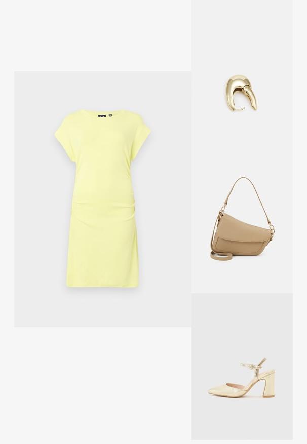 Rochie galbenă cu mânecă scurtă, confecționată dintr-un material moale. Are o croială lejeră, cu laterale plisate și o fustă până la genunchi. Design simplu, fără modele sau accente.; Pantof metalic auriu cu toc, varf ascutit, curea pentru glezna cu un sistem de prindere circular si un design cu toc chunky. Textura neteda.; Even&Odd Geantă de mână - beige; Cercei din metal de culoare aurie cu un design elegant și curbat. Prezintă o formă distinctivă, ascuțită, o suprafață lustruită și un sistem de închidere cu balama.