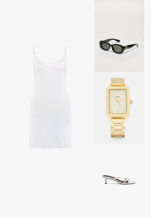 Weißes Camisole-Nachthemd aus glattem Material, mit zarter Spitzenborte entlang des Ausschnitts und Saums, mit verstellbaren Trägern.; Silberne Sandalen mit hohen Absätzen, einem kreuzenden Riemen-Design, einer glatten Textur und einer spitzen Zehenform. Der Absatz ist etwa fünf Zentimeter hoch.; Schwarze Kunststoffsonnenbrille mit grünen Gläsern, ovaler Form und goldfarbenem Logo-Detail an den Scharniere. Glatte Textur und glänzendes Finish.; Goldfarbene rechteckige Armbanduhr mit minimalistischem Design, ausgestattet mit einem cremfarbenen Zifferblatt, goldenen Zeigern und einem Gliederarmband aus Metall. Die Markierungen umfassen den Markennamen.