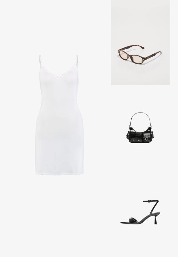 Fehér camisole ruha sima anyagból, finom csipke díszítéssel a nyaknál és a szegélyen, állítható pántokkal.; Bershka Magas sarkú szandálok - black; Tortáboros napszemüveg lekerekített formával és világos lencsékkel. Masszív karokkal rendelkezik, apró arany részletekkel, műanyagból készült.; Fekete lakkbőr kézitáska ívelt formával, egy vállpánttal, elülső zsebekkel és ezüstszínű fémrészletekkel.