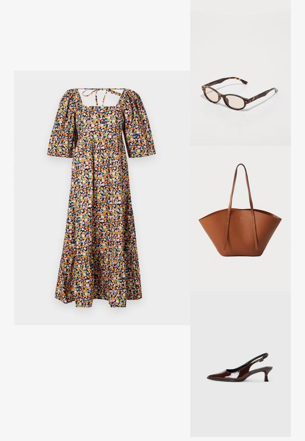 Cvjetna maksi haljina sa kvadratnim izrezom, napuhanim rukavima i prilagođenim tijelom. Ima crnu pozadinu s višebojnim cvjetnim uzorcima.; Smeđe patentne kožne cipele s otvorenom petom, špicastim vrhom i umjerenom petom. Imaju remen s kopčom za sigurno pristajanje. Glatka tekstura.; Naocale u obliku sunca s kornjačevinom i okruglim oblikom, laganim lećama. Imaju čvrste ručke s malim zlatnim detaljima, izrađene od plastičnog materijala.; Smeđa kožna torba za nošenje s širokim, strukturiranim oblikom, tankim ručkama i teksturiranom površinom. Ima minimalistički dizajn bez vidljivih dijelova metalne opreme.