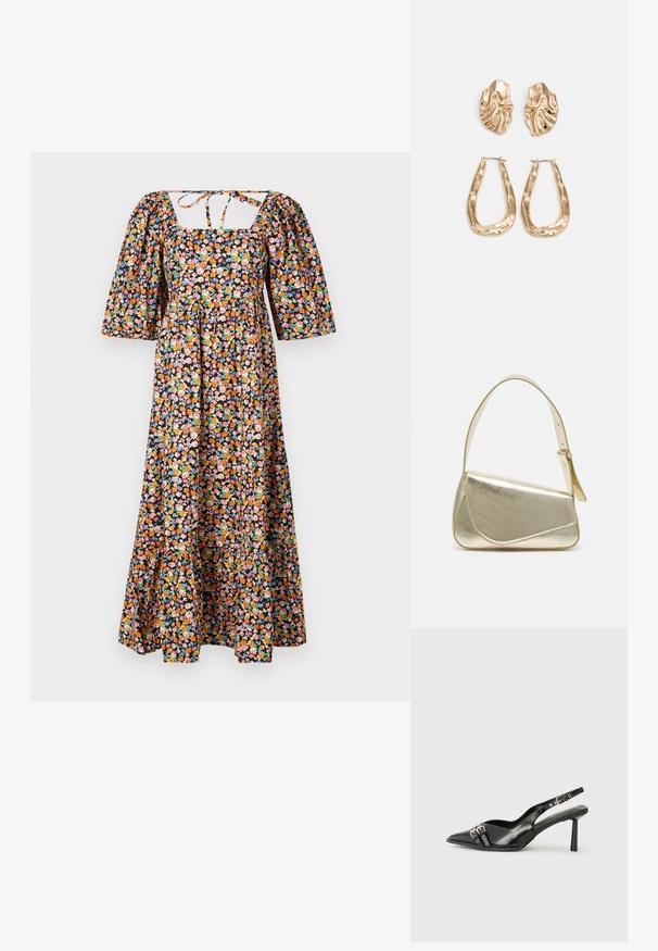 Kwiatowa maxi sukienka z kwadratowym dekoltem, bufiastymi rękawami i dopasowanym gorsetem. Posiada czarne tło z wielokolorowymi wzorami kwiatowymi.; Czarne lakierowane buty typu slingback z ostrym noskiem, paskami na kostkach z srebrnymi klamrami i elementami metalowymi oraz smukłym obcasem.; Złota metaliczna torebka o strukturalnym designie, gładkiej powierzchni i regulowanym pasku. Charakteryzuje się unikalnym trójkątnym kształtem i minimalistycznym przeszyciem.; Złote kolczyki w odcieniu, prezentujące teksturowane, faliste kształty. Zawierają rzeźbiarskie klipsy i otwarty projekt kółek z młotkowanym wykończeniem.