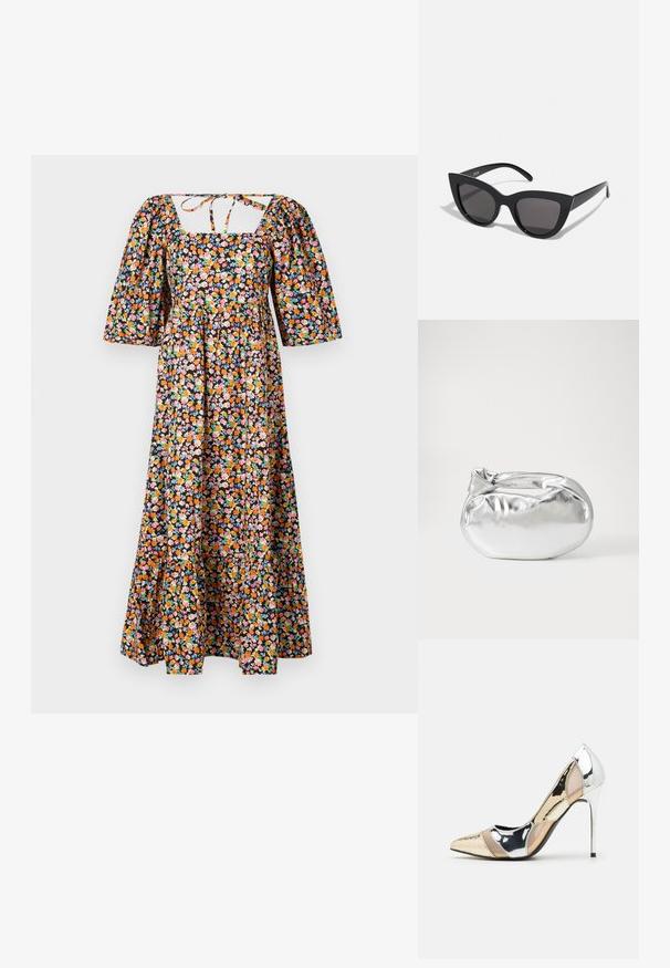 Cvjetna maksi haljina sa kvadratnim izrezom, napuhanim rukavima i prilagođenim tijelom. Ima crnu pozadinu s višebojnim cvjetnim uzorcima.; Cipele s visokom potpeticom i špicastim vrhom u srebrnoj, zlatnoj i nude boji. Sjajan finiš s izrezbarenim dizajnom, s potpeticom u obliku stiletto.; Crne mačkaste sunčane naočale s mat završnom obradom, sivo obojeni leće, oštri kutovi i elegantne bočne ručke. Ime brenda vidljivo na unutrašnjoj strani ručke.; Srebrna metalik torbica s mekim, zaobljenim oblikom i čvorastim zatvaranjem na vrhu. Izrađena od glatke sintetičke kože.; Srebrne okrugle naušnice s minimalističkim dizajnom. Kružni oblik, glatka tekstura i tanak profil. Lagane s poliranim završetkom.