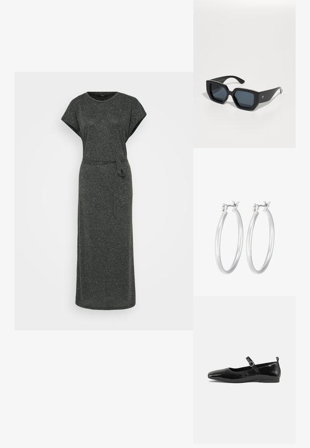 Tamsiai pilkas maxi suknelė, pagaminta iš minkštos, tekstūruotos medžiagos. Turi trumpas rankoves, apvalią iškirptę ir diržą, kurį galima surišti ties liemeniu.; Juodas lakinės odos butas su smailiu nosiu, kulkšnies dirželiu su sagtimi ir lygia, blizgia tekstūra. Žemas kulnas dėl patogumo.; Juodos didelės saulės akinių su geometriniu raštu, stačiakampiais objektyvais ir blizgiu paviršiumi. Nėra matomo prekės ženklo priekyje.; Sidabriniai auskarai su sklandžiu, poliruotu paviršiumi. Apvalios formos ir saugus uždarymo mechanizmas. Lengvas dizainas, tinkantis kasdieniam dėvėjimui.