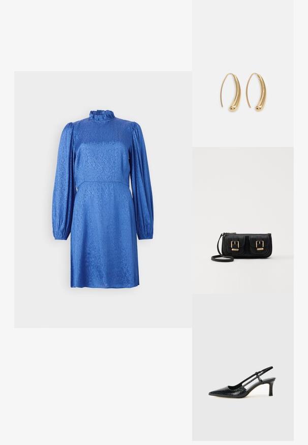 Kék ruha hosszú, puffos ujjal, magas fodros gallérral és textúrált virágmintával. Az anyag sima fényű és illeszkedő derékkal rendelkezik.; Fekete lakk slingback sarok, hegyes orral, texturált kígyómintával, állítható pánttal és rövid, texturált tömbsarkal.; Fekete bőr keresztbody táska két elülső zsebbel, arany csattokkal, cipzáras záródással és vékony pánttal. Textúrált felület és kompakt téglalap alak.; Aranyszínű fémből készült karika fülbevalók ívelt, hosszúkás formával. Simaságával és fényes felületével, valamint lekerekített végével további részletekkel bővül.