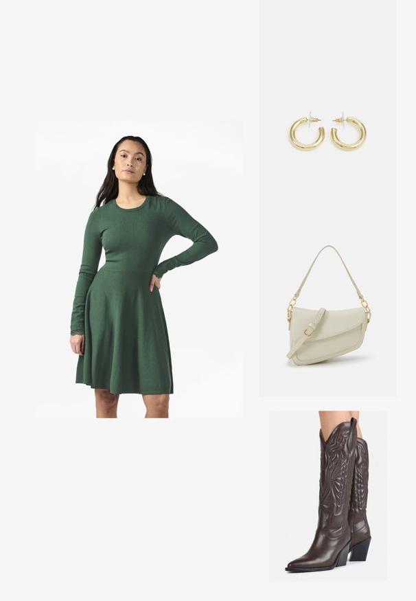 Rochie verde, cu mânecă lungă, dintr-un material tricotat moale. Prezintă un corset ajustat și o fustă evazată, cu accente din dantelă la manșete.; Bocanci de cowboy din piele maro, cu vârf ascuțit și toc pătrat, având cusături detaliate și accente ridicate pe tijă.; Geantă mică de crem cu un finisaj texturat, curea lungă și ajustabilă, accent cu lanț și închidere cu clapetă. Detalii din hardware aurie.; Cercei cercuri din aur cu un finisaj neted și strălucitor. Design circular cu un mic suport și un spate transparent pentru o purtare sigură.